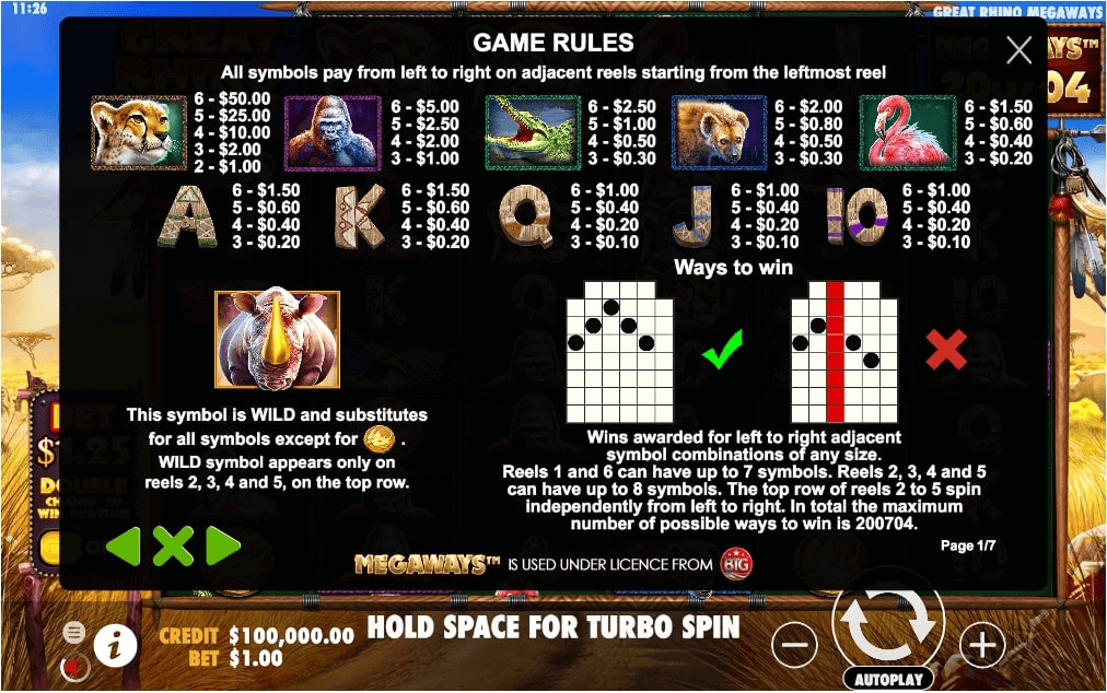 Great rhino megaways online slot game paytable