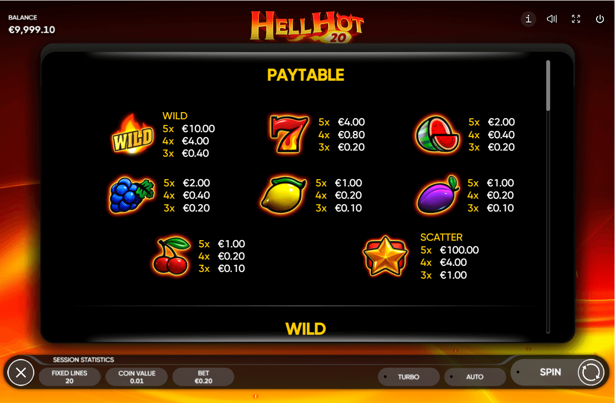 Hell Hot 20 Online Slots Game Paytable