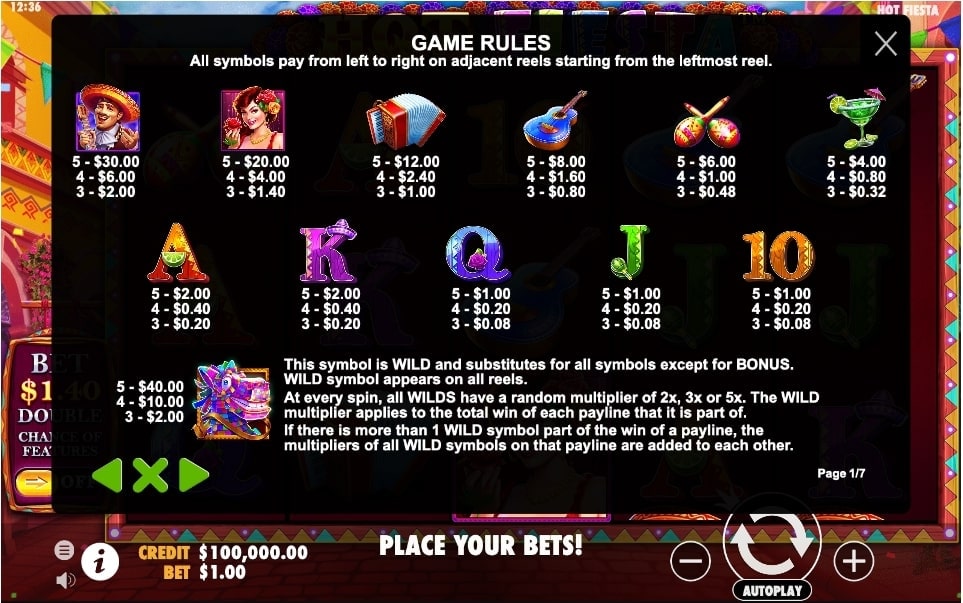 Hot Fiesta slot paytable