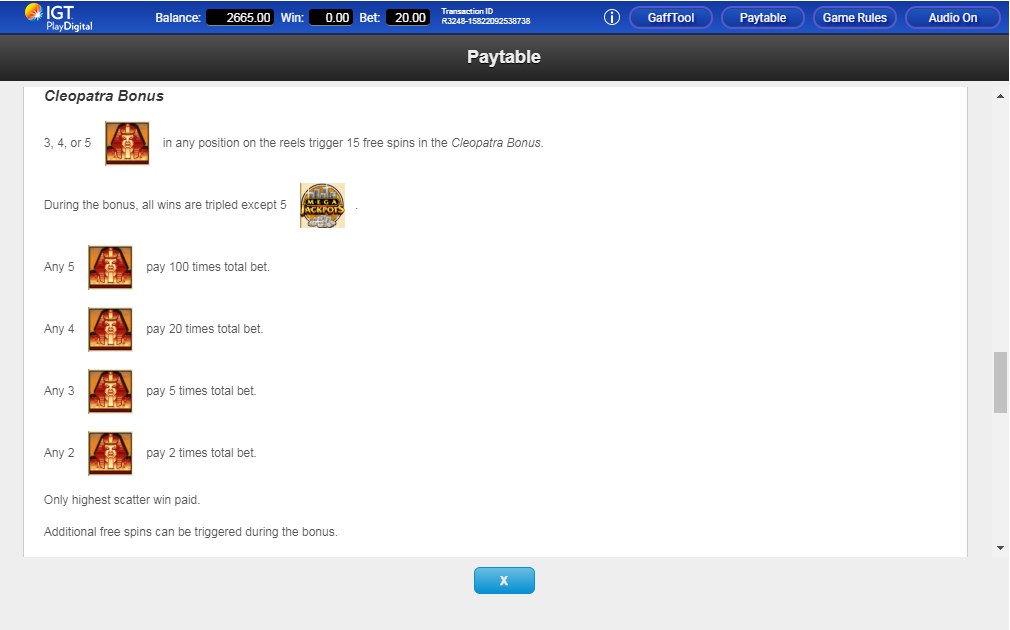 IGT International Gaming Technology Mega Jackpots Cleopatra online casino slot review paytable symbol scatter wild
