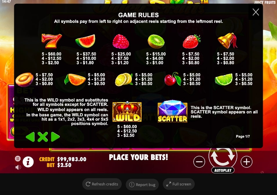 Juicy Fruits slot paytable