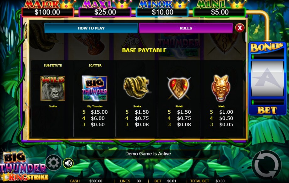 King Strike symbol paytable