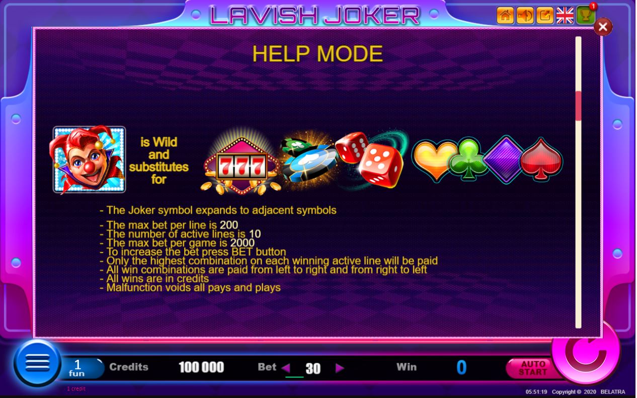 Lavish Joker Belatra Games wild scatter bonus