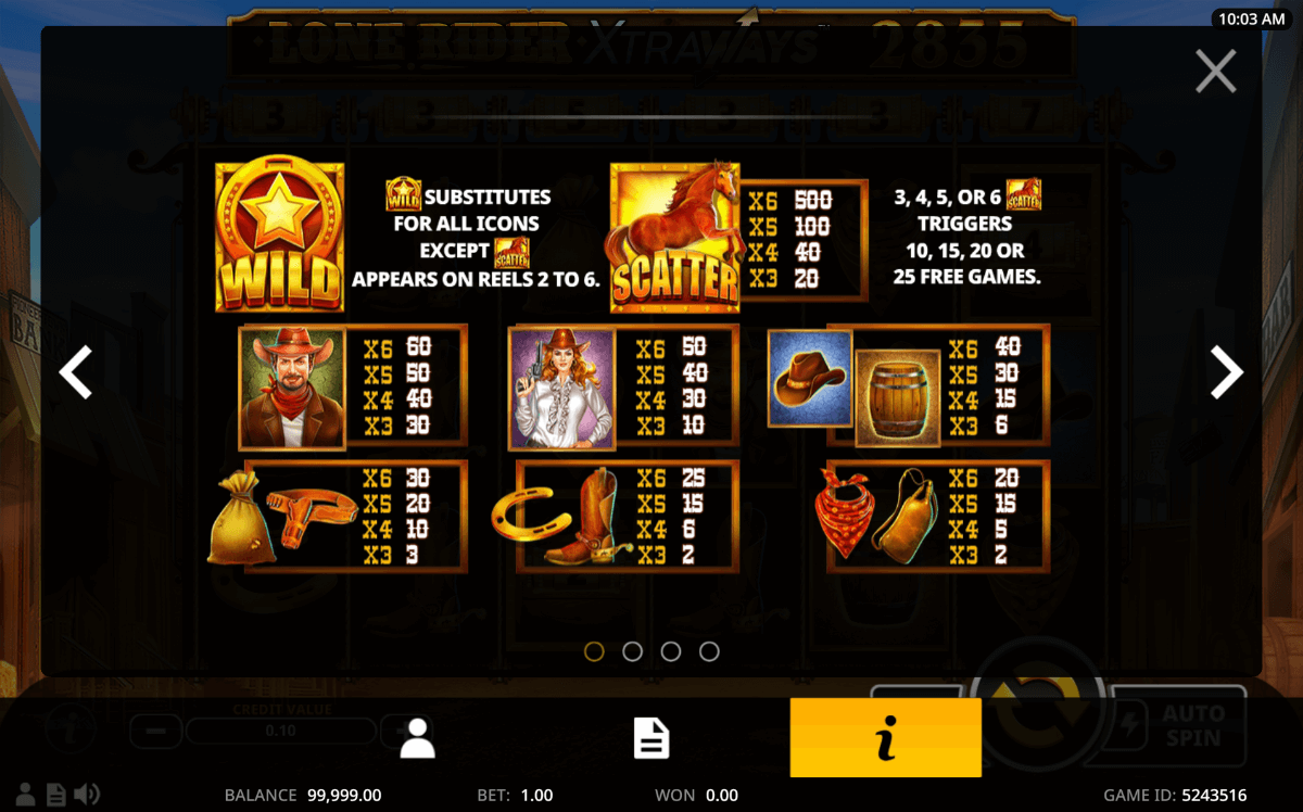 Lone Rider XtraWays Online Slots Game Paytable