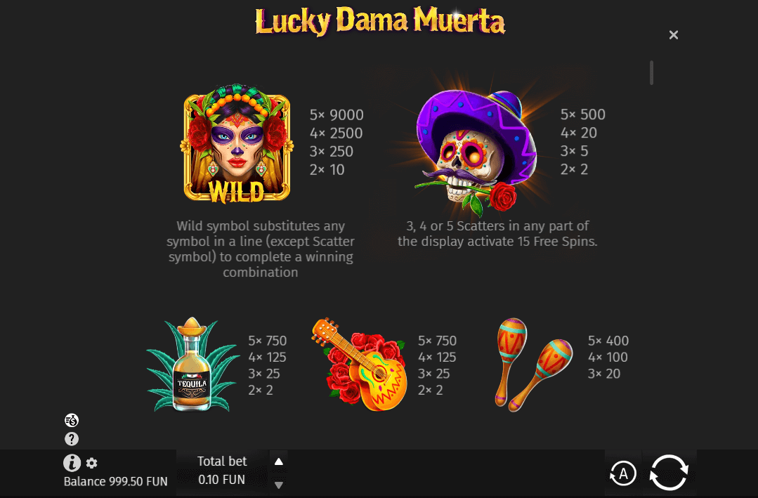 Lucky Dama Muerta Online Slots Game Paytable