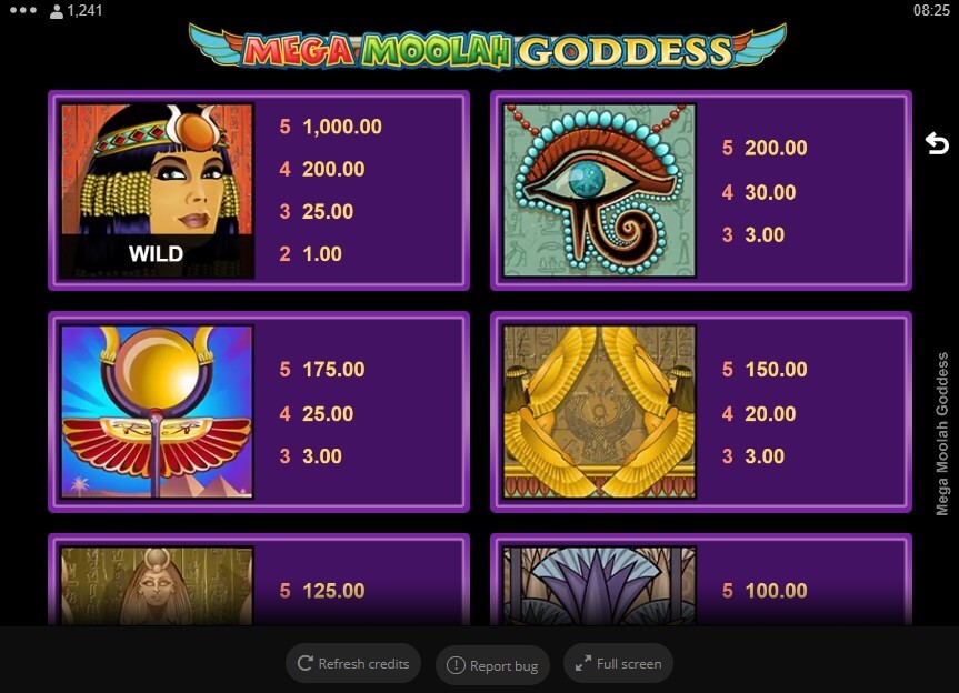 Mega Moolah Goddess Online Slots Game Paytable