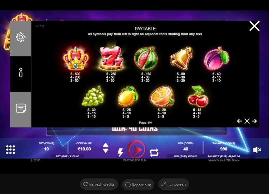 Mighty Fruits Online Slots Game Paytable