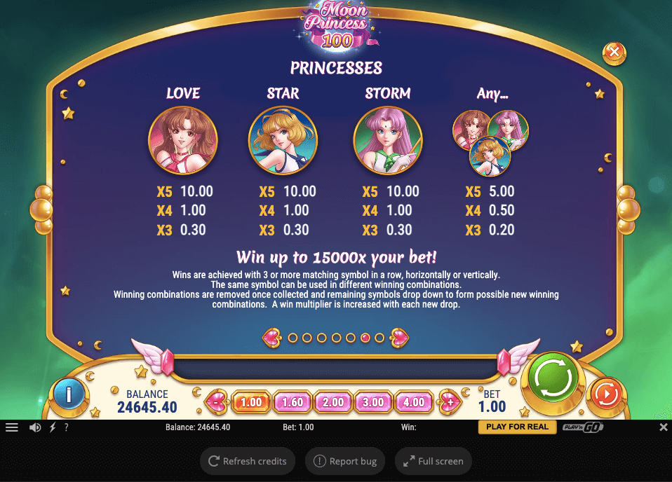 Moon Princess 100 Online Slots Game Paytable