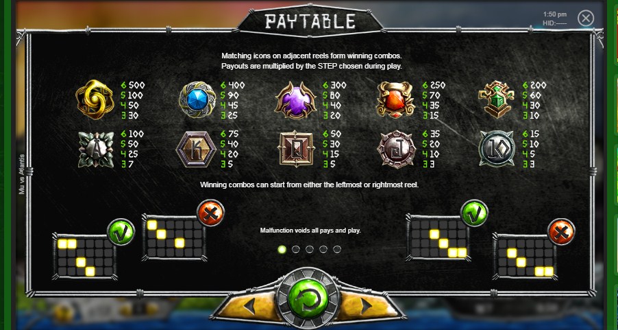 Mu vs Atlantis online slot game paytable