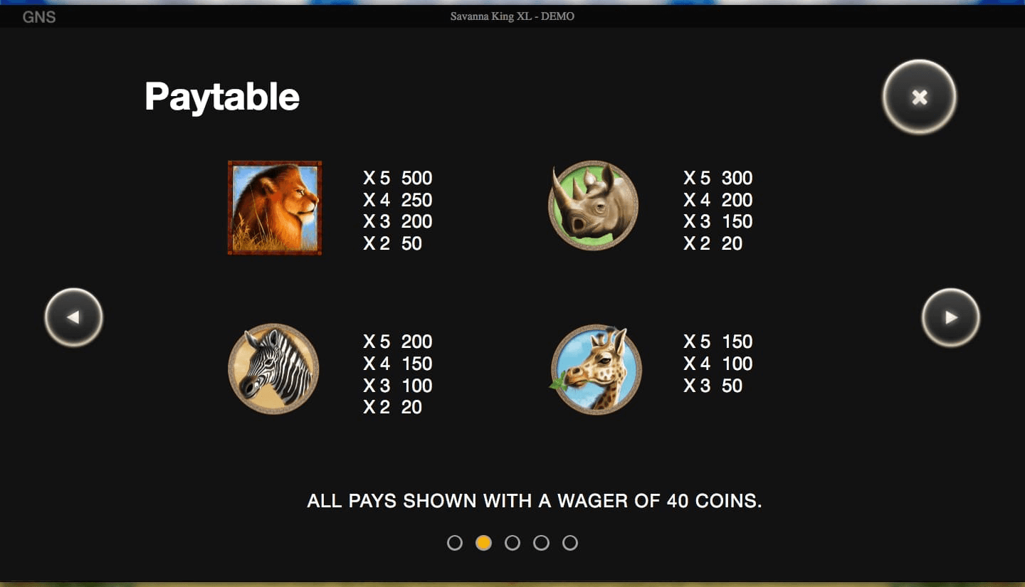 Savanna King XL online slot game paytable