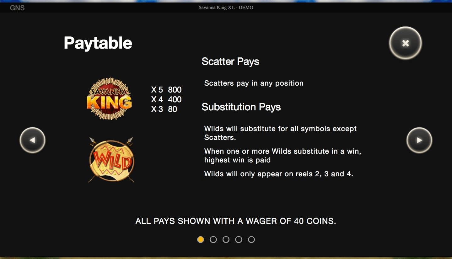 Savanna King XL online slot game wild and scatter paytable