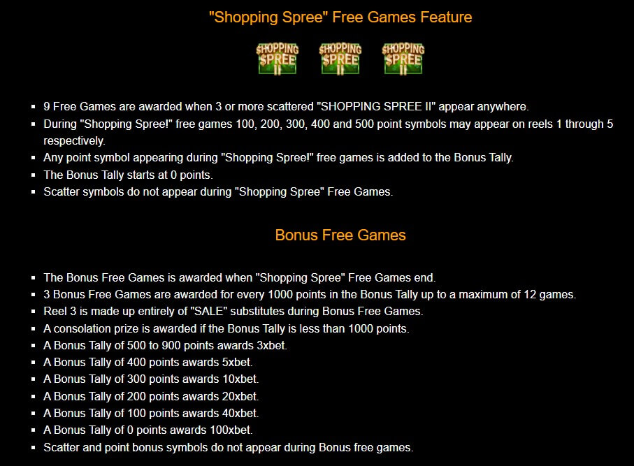 Shopping Spree II Slots Game Features