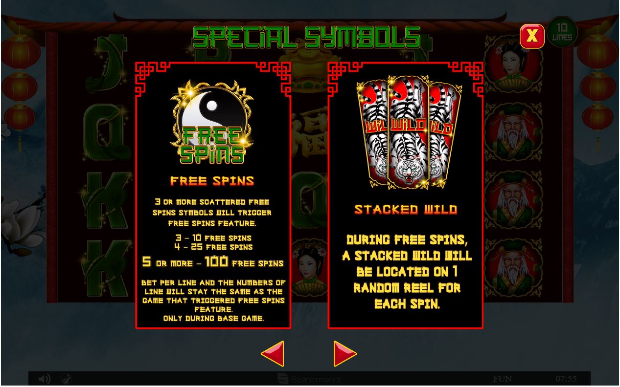 Spinomenal Tigerâ€™s Charms Slot Overview paytable scatter symbol wild free spins