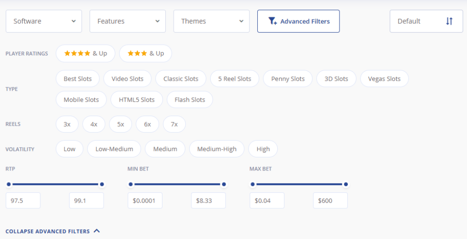 advanced filters slots rtp
