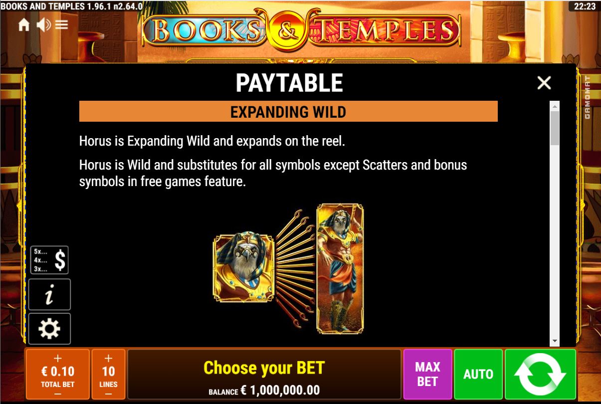Gamomat Books and Temples Slot Overview paytable expanding wild
