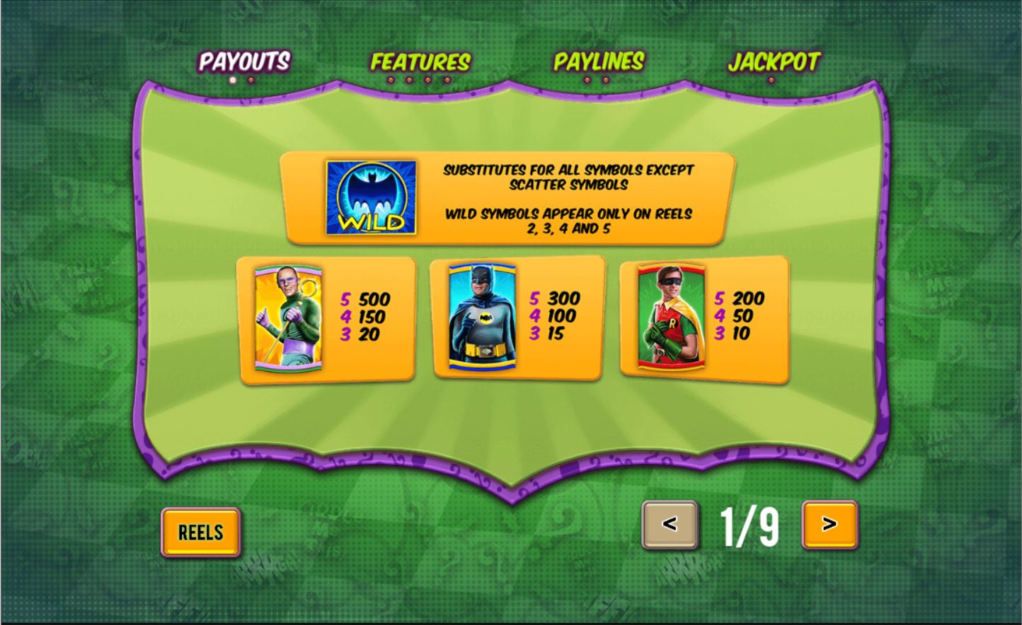 Playtech Batman and the Riddler Riches Slot Paytable