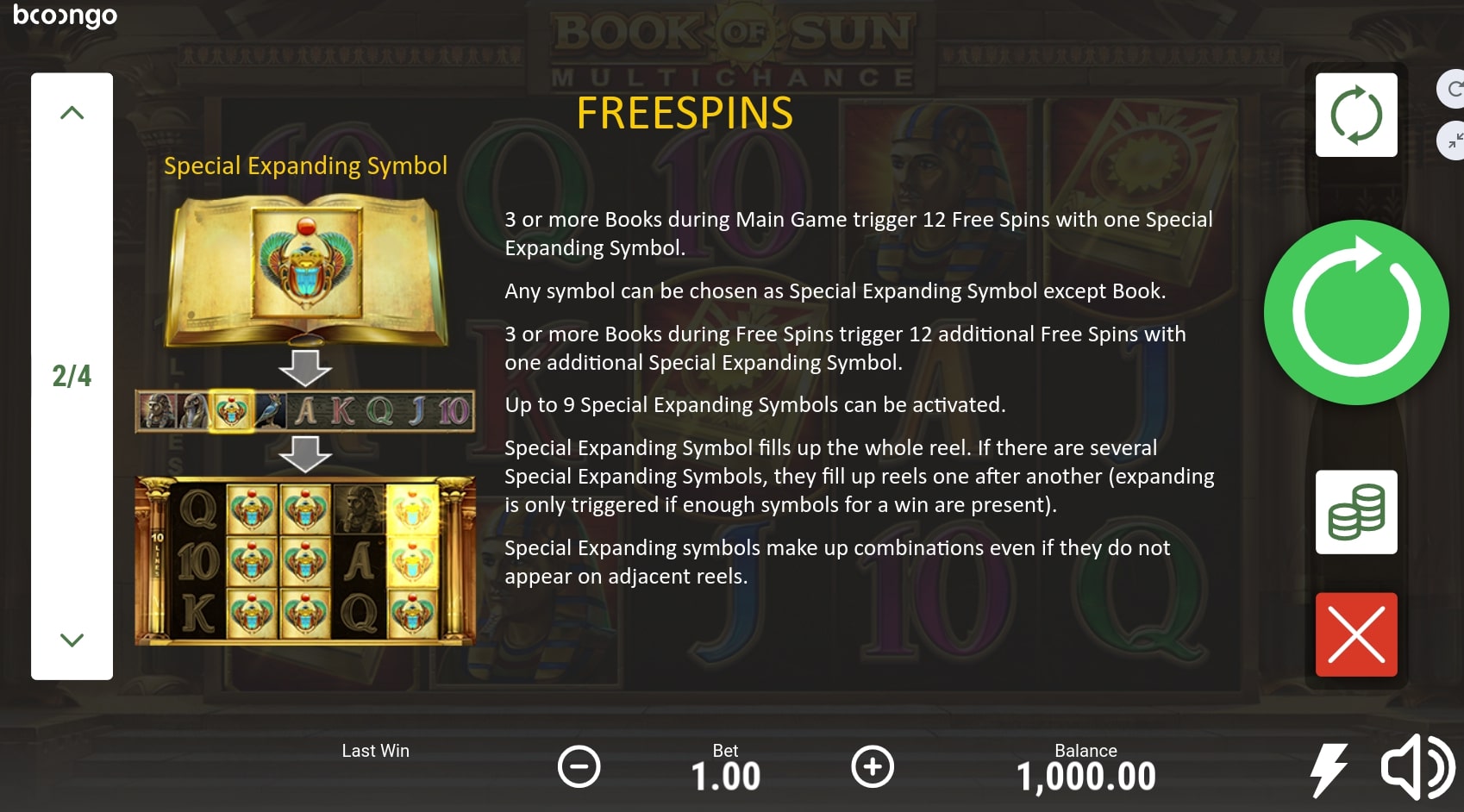 Booongo Book of Sun Multichance slot review gameplay paytable scatter symbol free spins