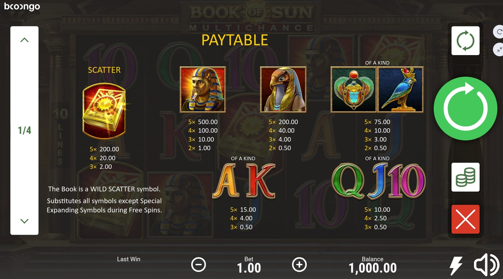 Booongo Book of Sun Multichance slot review gameplay paytable scatter symbol