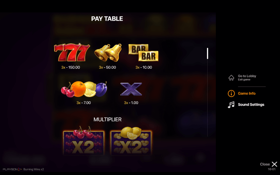 Burning Wins x2 Online Slot Game Paytable