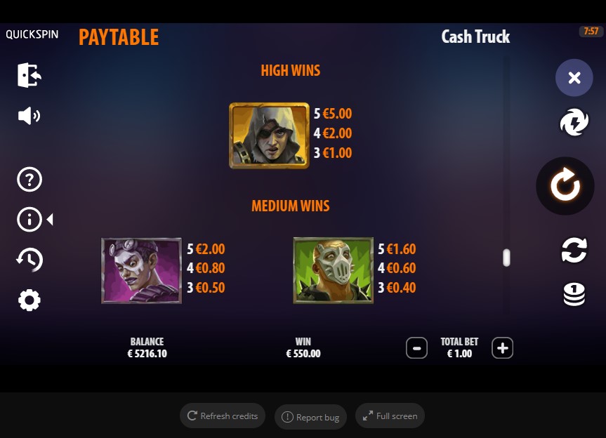 cash truck paytable