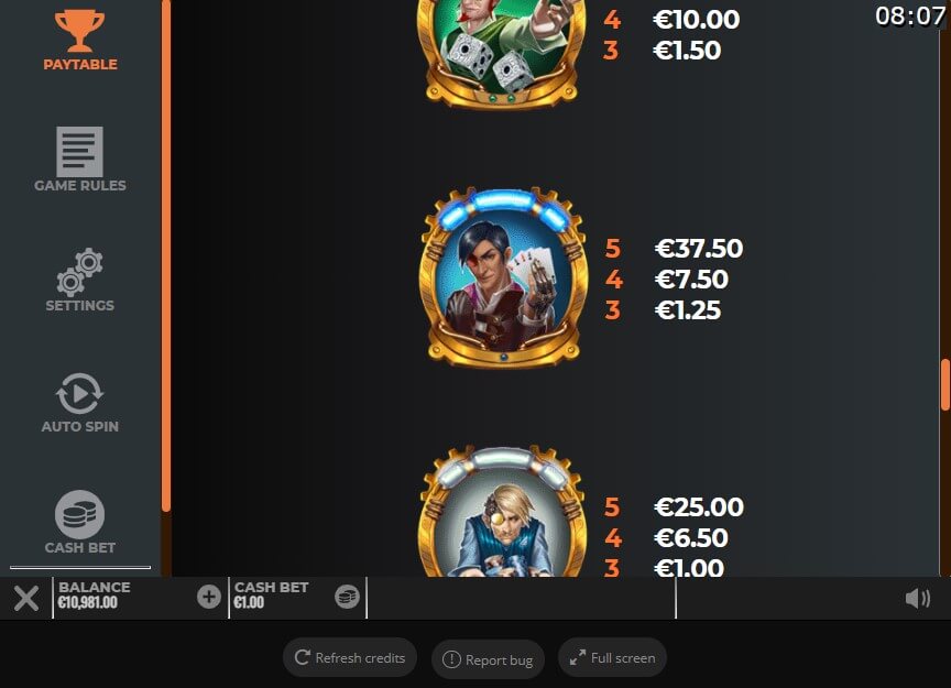 Cazino Zeppelin Reloaded Online Slot Game Paytable