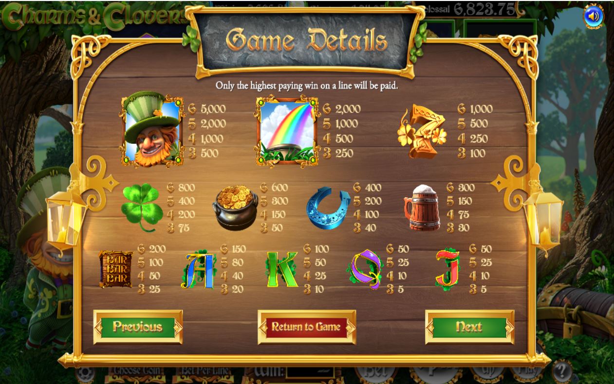 Betsoft Charms and Clovers Slot Paytable