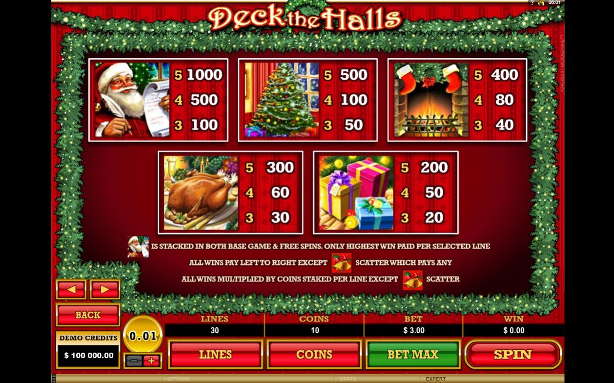 MicroGaming Deck The Halls Slot Paytable