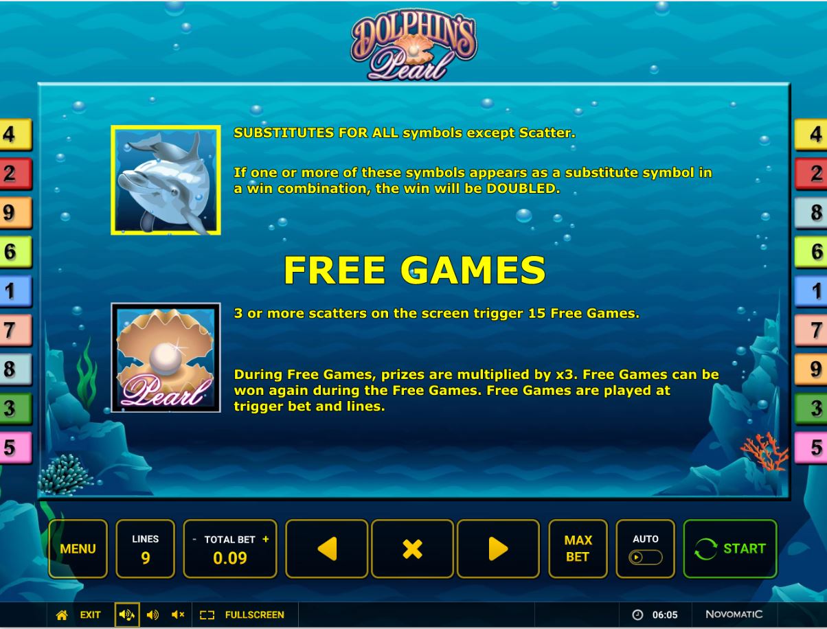 Novomatic Dolphins Pearl slot review slotsmate gameplay main screen slot online casino payout symbols scatter free games