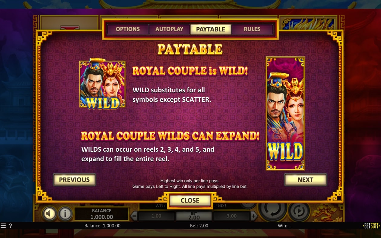 BetSoft Dragon and Phoenix Slot Paytable