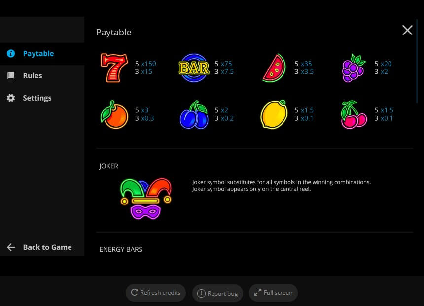 Exploding Fruits Online Slot Game Paytable