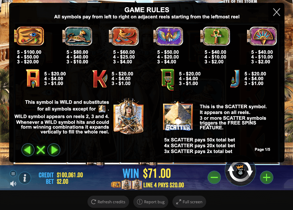 Eye of the Storm Online Slot Game Paytable