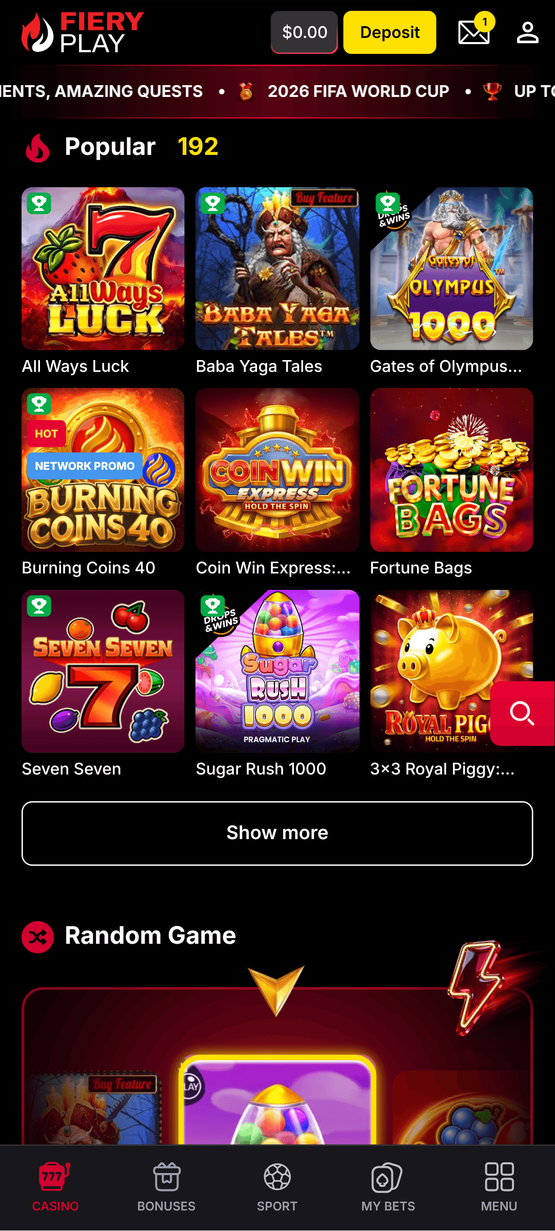 FieryPlay Casino interface mobile