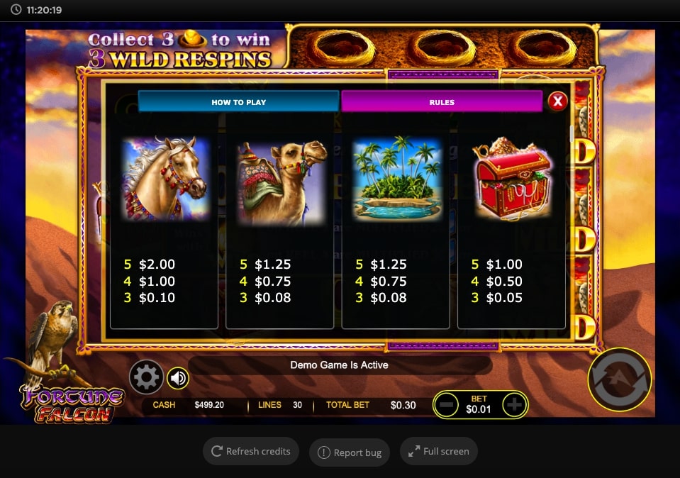 Fortune Falcon Slot Paytable