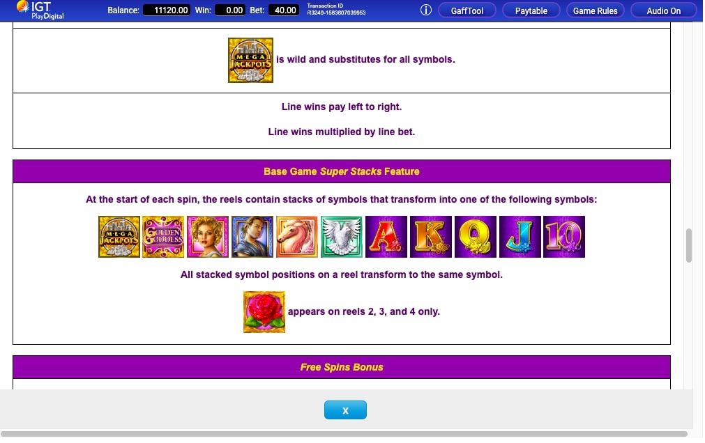 IGT MegaJackpots Golden Goddess Slot Paytable