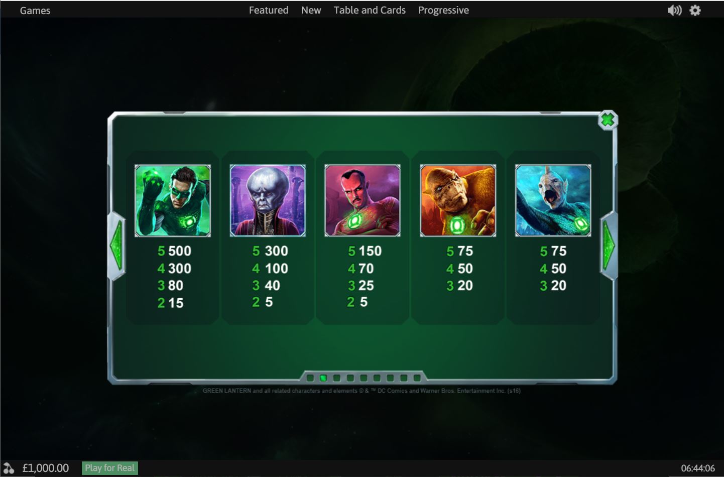 Playtech Green Lantern Slot paytable