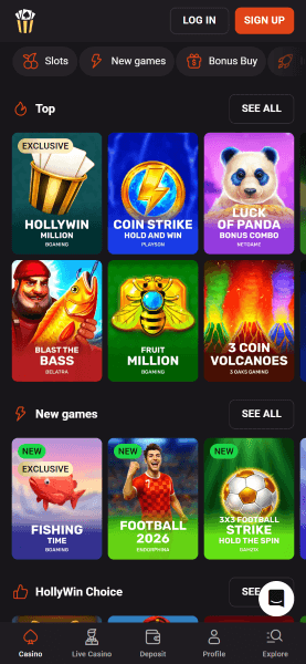 Página principal del casino Hollywin