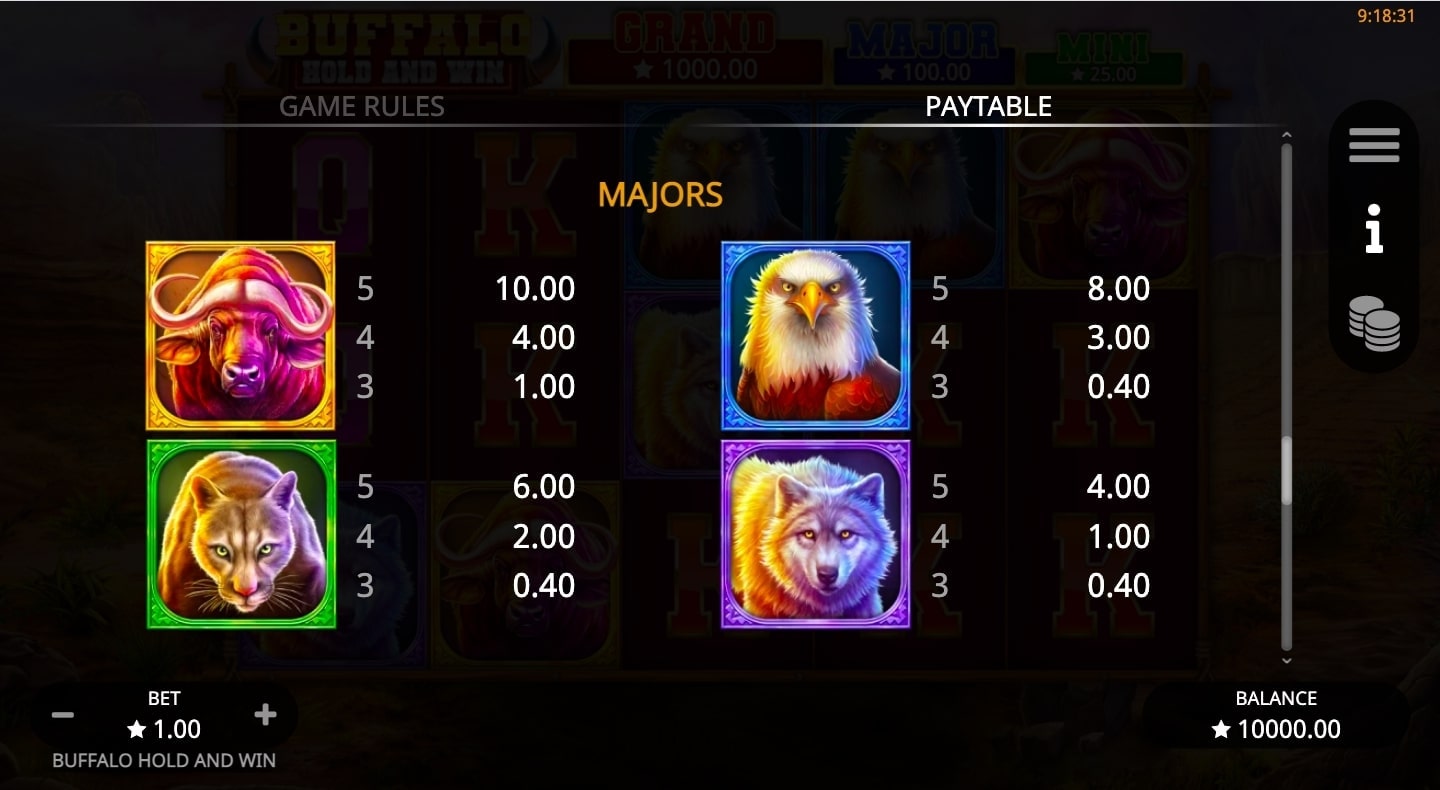 Buffalo Hold and Win Slot Game Paytable