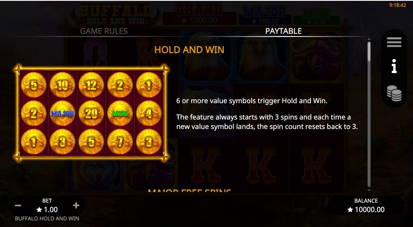 Buffalo Hold and Win Slot Game Paytable