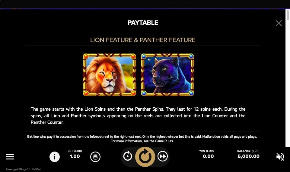 Serengeti Kings Slot Game Paytable