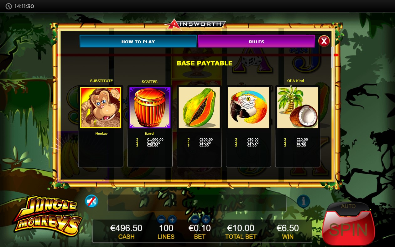 Ainsworth Jungle Monkeys online slot game paytable