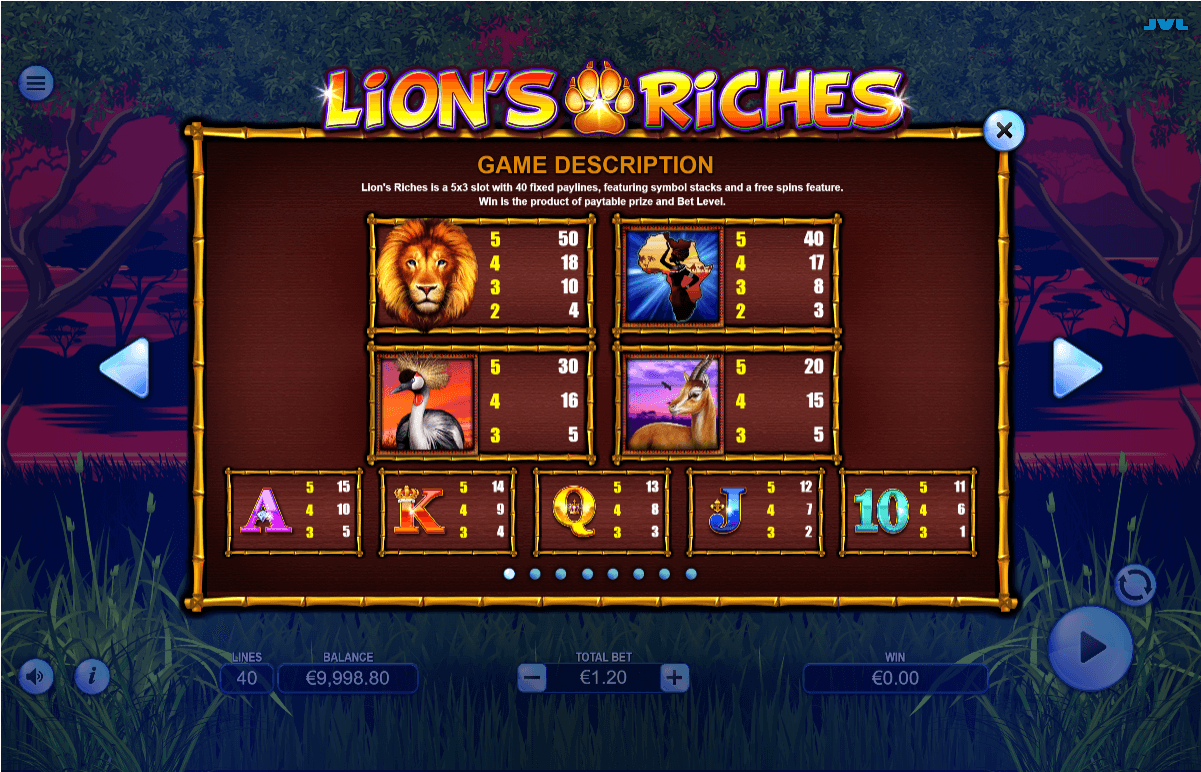 Lions Riches Online Slot Game Paytable