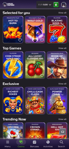luckycapone casino homepage