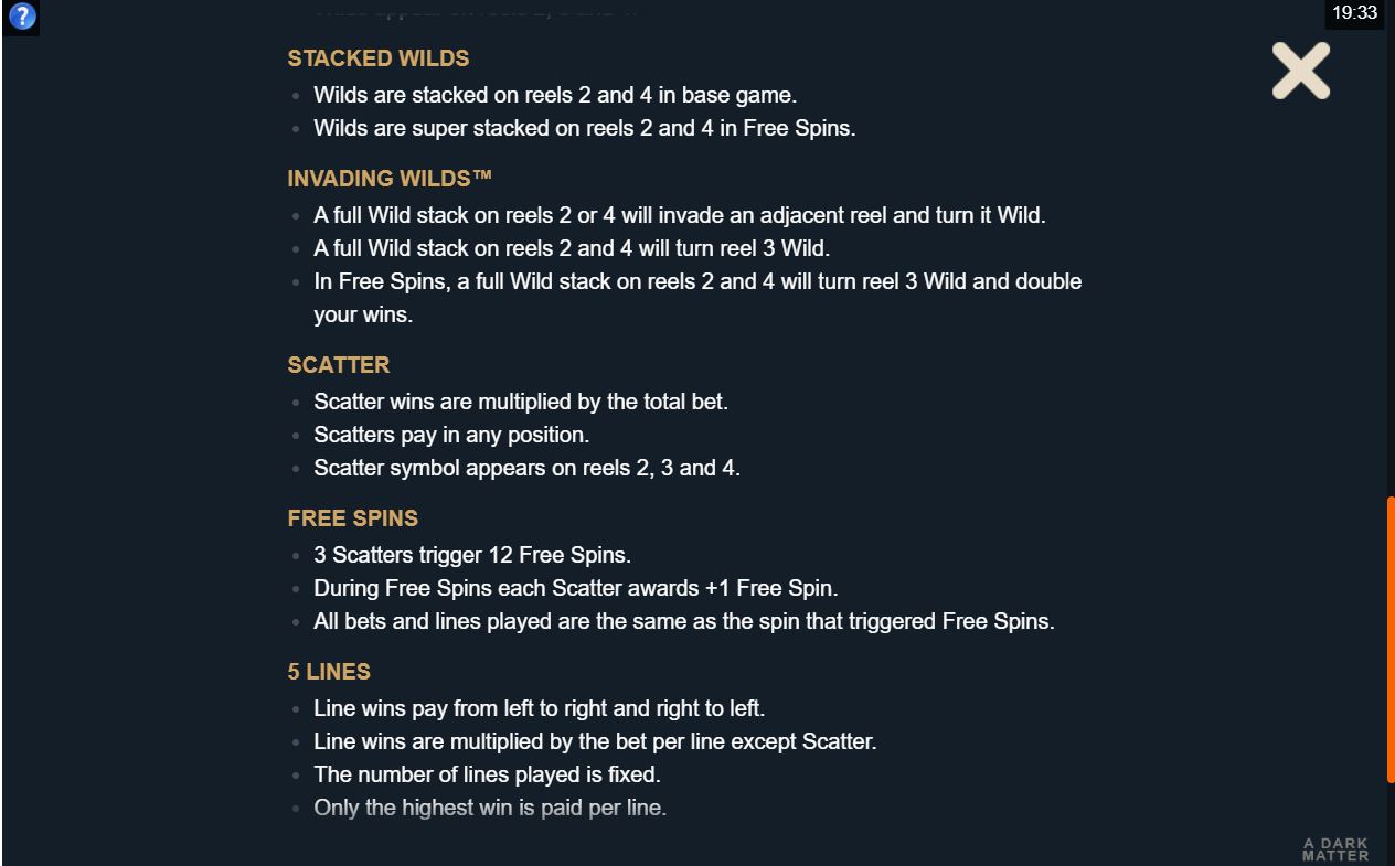 Microgaming A Dark Matter online casino slot reels gameplay main screen scatter symbol payout paylines bonus freespins