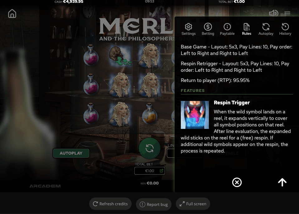 Merlin and the Philosopher’s Stone Online Slot Game Features
