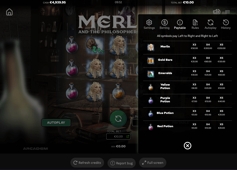 Merlin and the Philosopher’s Stone Online Slot Game Paytable