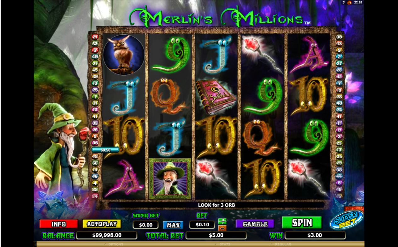 Microgaming Merlins Millions slot game reels