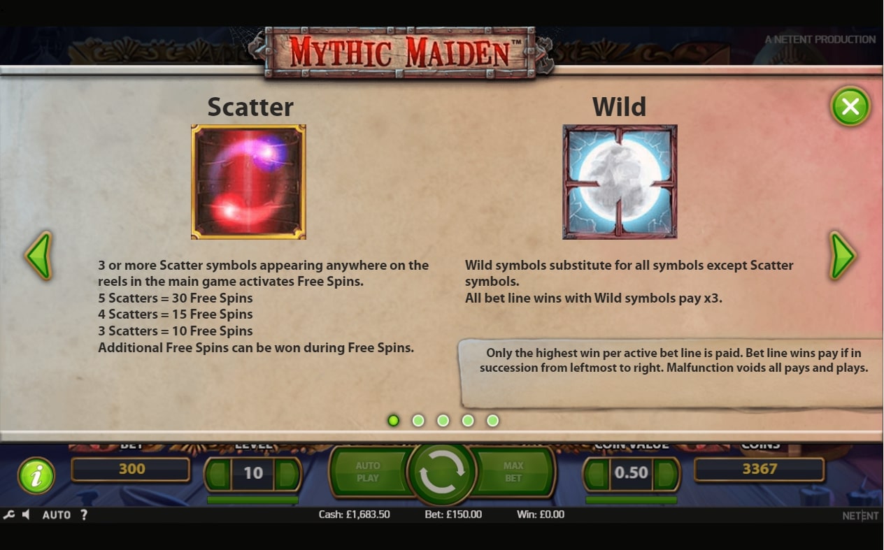 Mythic Maiden NetEnt slot game wild and scatter features