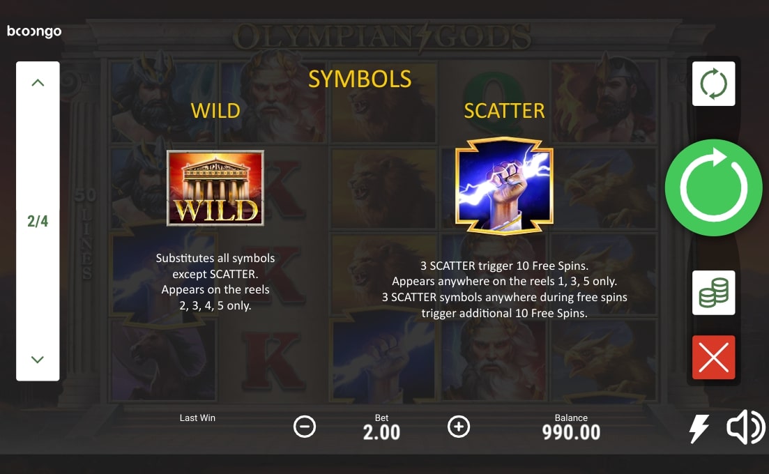 BOOONGO OLYMPIAN GODS SLOT OVERVIEW paytable symbols scatter wild free spins