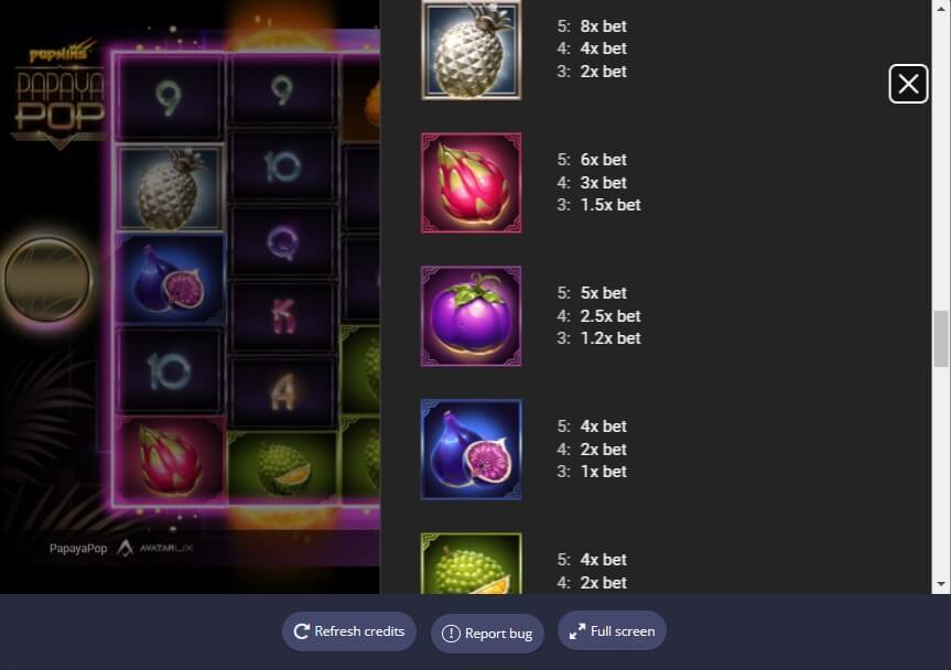 papayapop paytable