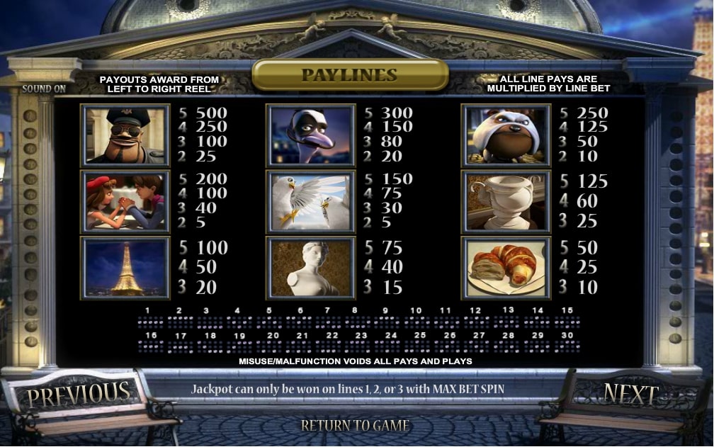 BetSoft A Night in Paris Slot Paylines